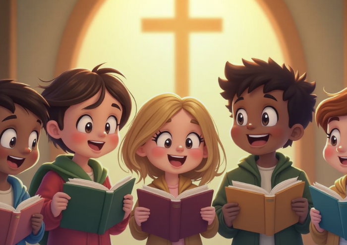 Crianças lendo livros de catequese